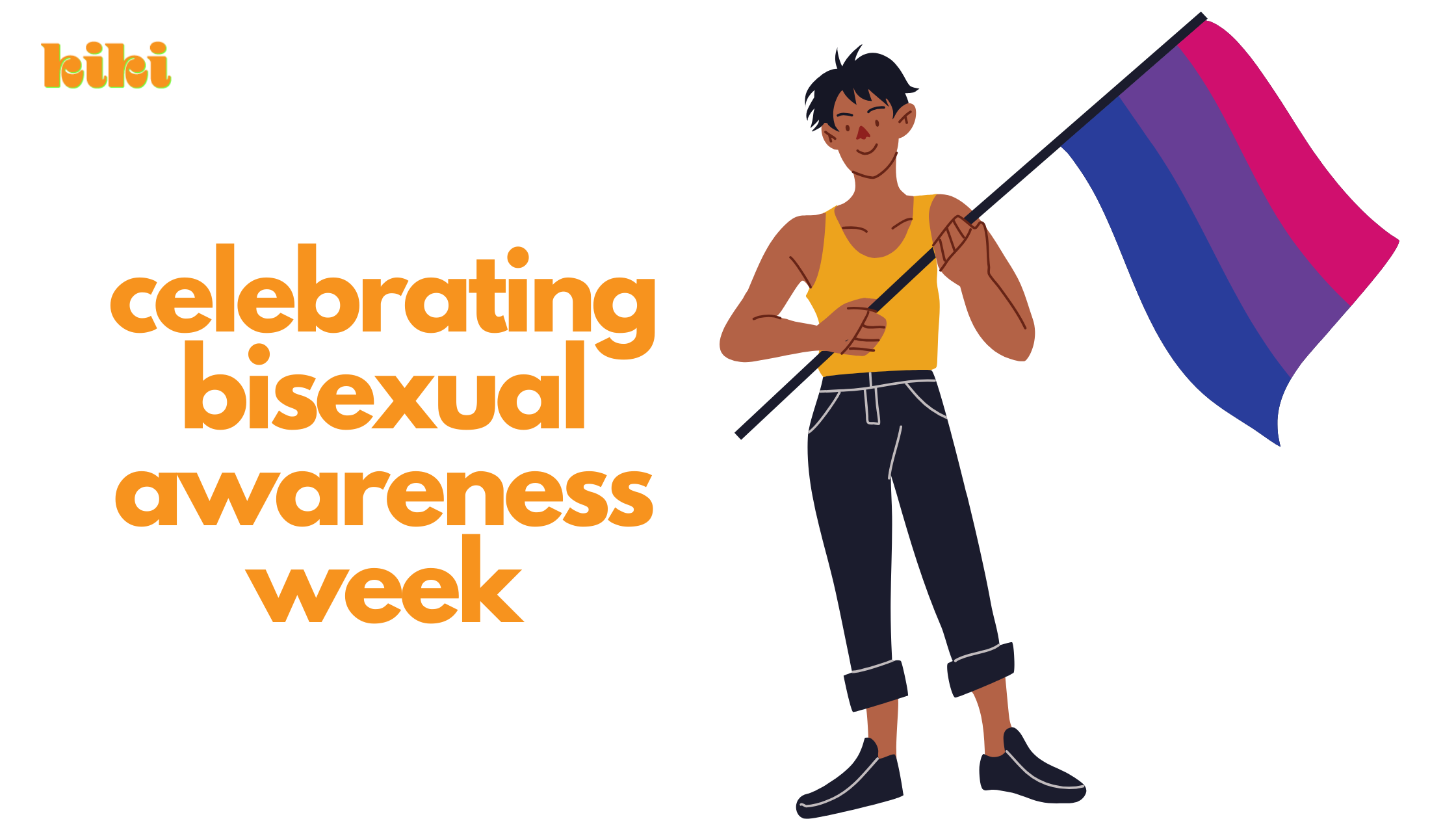 text reads celebrating bisexual awareness week. illustration of a brown person holding the pink, purple, and blue bisexual pride flag.