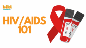 HIV/AIDS 101 next to an illustration of a red AIDS ribbon and two vials of blood for testing