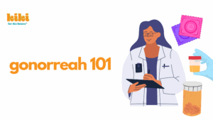 gonorreah 101 with illustration of a doctor, a pill bottle, condoms, and a gloved hand holding a urine sample
