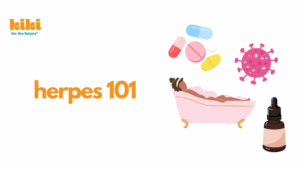 herpes 101 with illustrations of a person in a bubble bath, a pink virus, a tincture bottle, and various pills