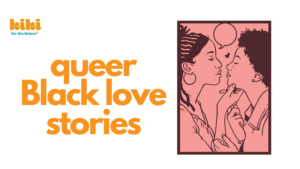 "queer Black love stories" title next to a pink-tinted illustration of two Black women about to kiss