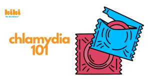 text reads "chlamydia 101" next to an illustration of two brightly colored condoms