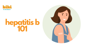 text reads hepatitis b 101, next to an image of a woman pointing to a band-aid on her shoulder
