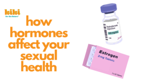 "how hormones affect your sexual health" next to illustrations of a vial of testosterone and a pill box of estrogen.